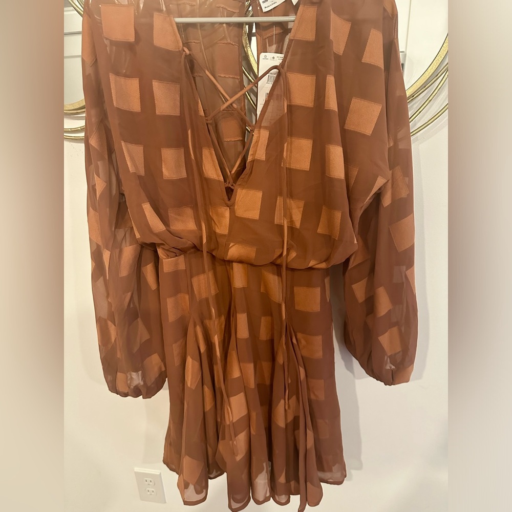 Asod godet plunge brown checked dress nwt